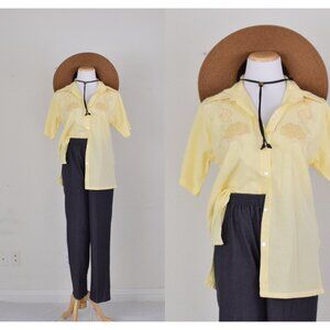 Vintage 90s Cotton Yellow Embroidered Button up‎ Blouse size S